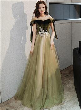 Picture of Green Off Shoulder Velvet and Tulle Long Evening Dresses with Lace, Long Prom Dress